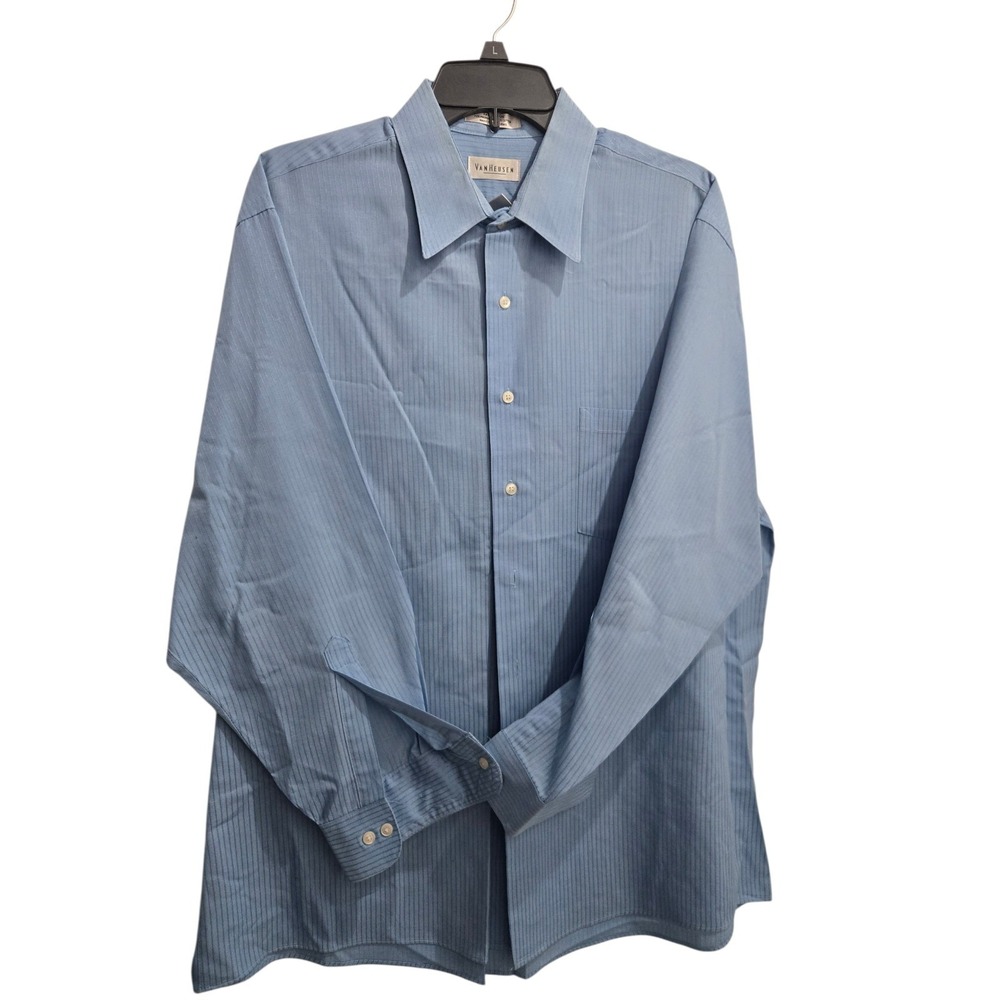Van Heusen Men's XL Blue Satin Stripe Dress Shirt 17 32/33 Wrinkle Free Long Slv